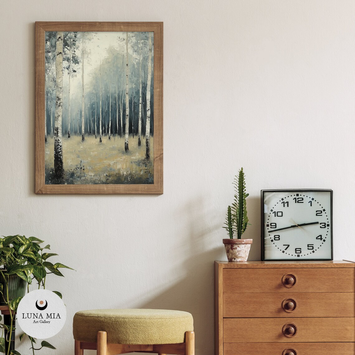 Misty Birch Forest Blue Gray Foggy Woodland Oil Painting Poster - Image 3