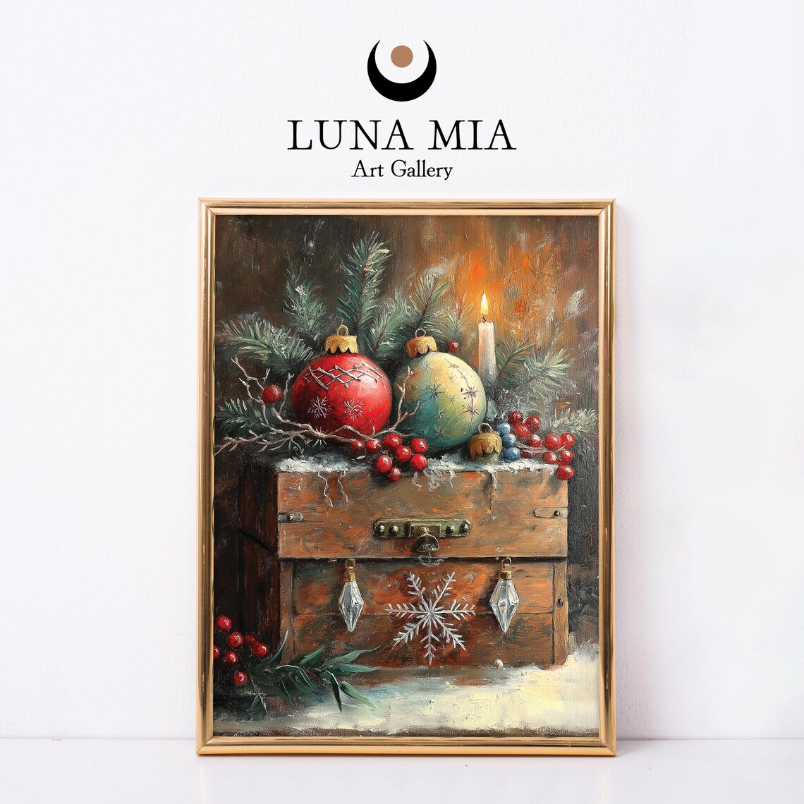 Vintage Wooden Treasure Box With Christmas Baubles Oil Painting Poster