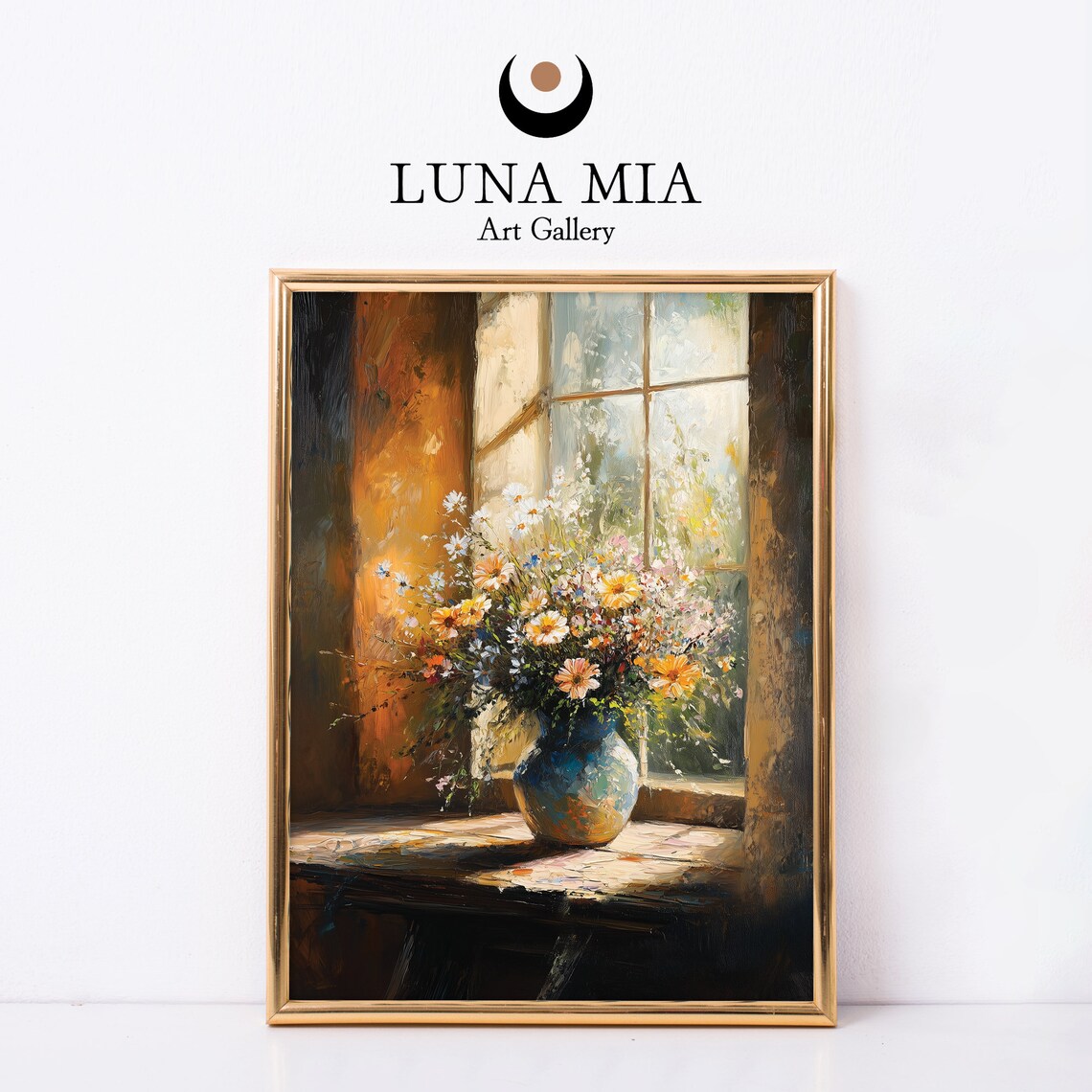 Wildflower Bouquet In Blue Vase By Sunny Window Oil Painting Poster