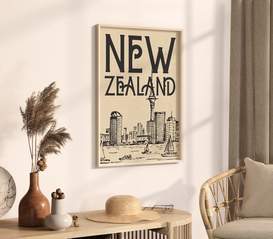 New Zealand Auckland Sky Tower Skyline Vintage Sketch Poster - Image 2