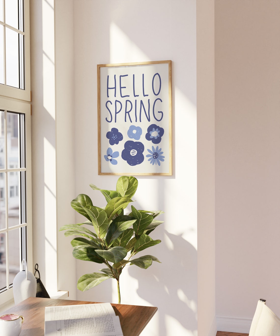 Hello Spring Blue Floral Hand Lettered Seasonal Bloom Wall Art - Image 2