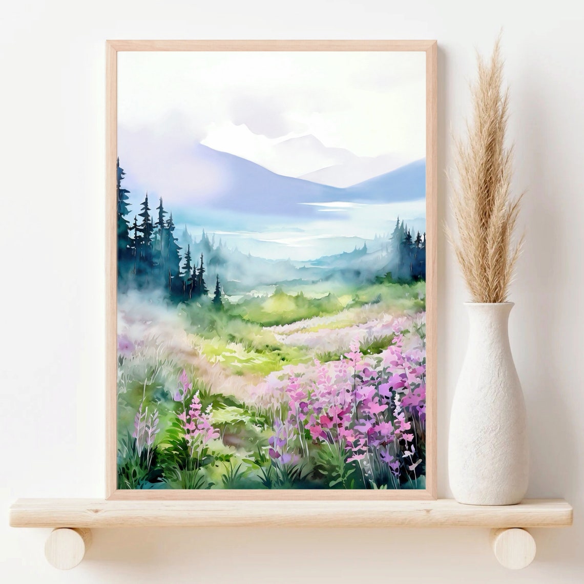 Pink Wildflower Valley Blooming Mountain Meadow Watercolor Poster - Image 2