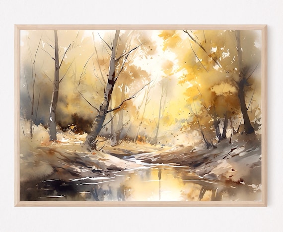 Golden Autumn Birch Trees Calm River Sunlight Watercolor Nature Poster