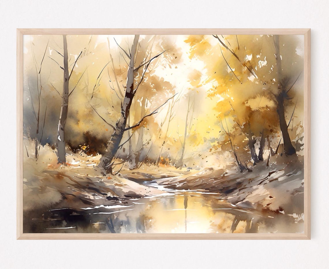 Golden Autumn Birch Trees Calm River Sunlight Watercolor Nature Poster