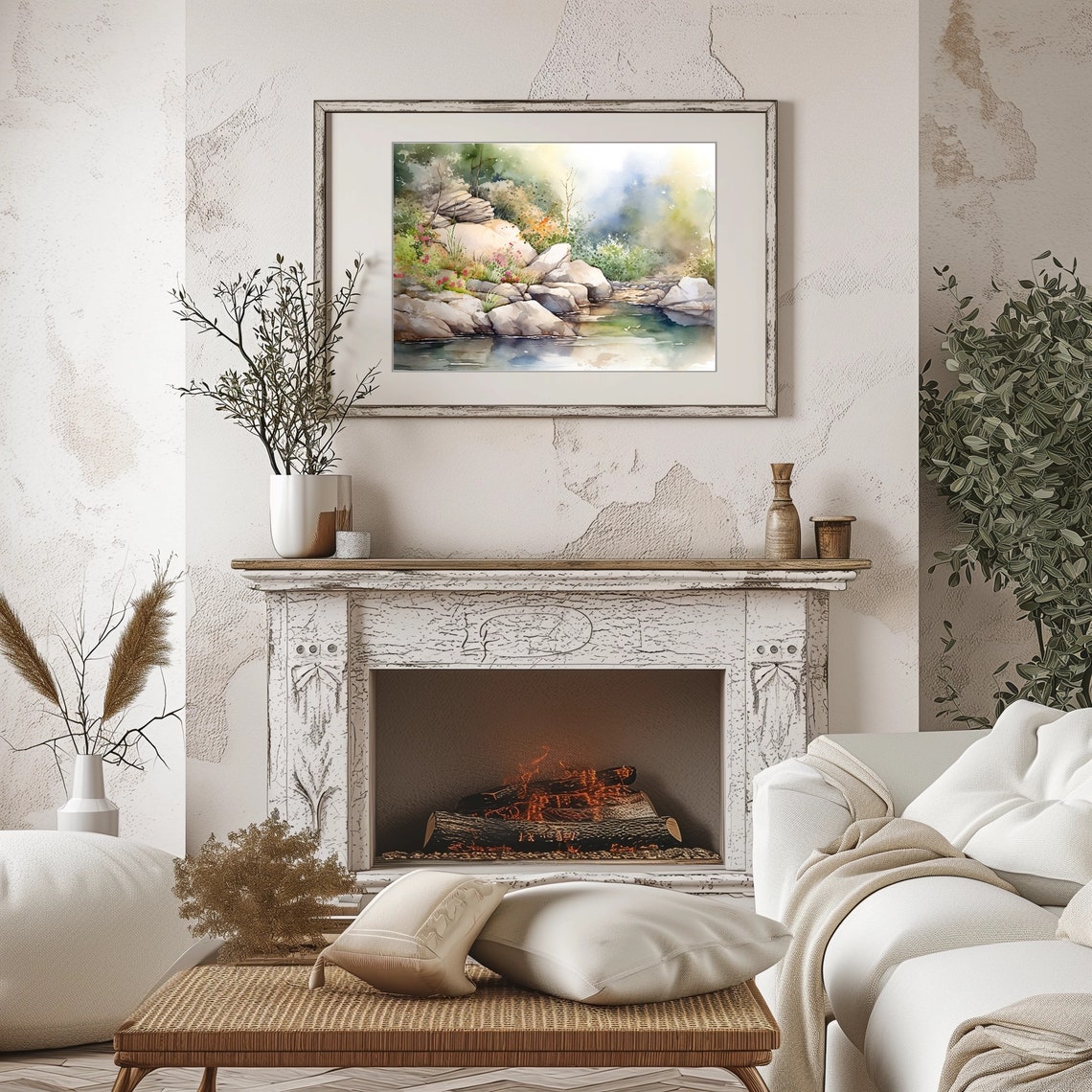 Rocky Forest Pond with Pink Wildflowers Watercolor Painting Poster - Image 2