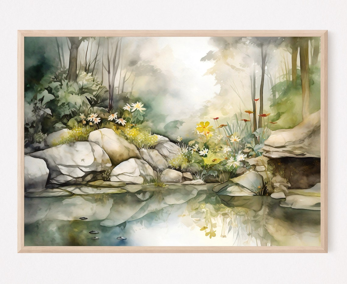 Misty Forest Pond with Daisies and White Rocks Watercolor Poster