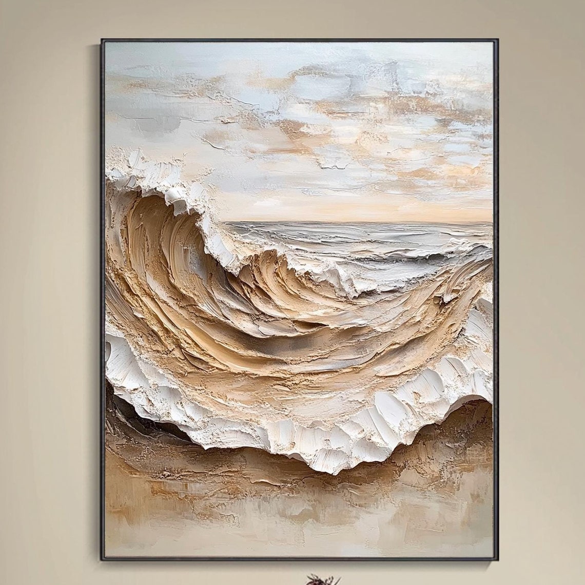 Neutral Beige Ocean Wave 3D Textured Minimalist Wabi Sabi Wall Art