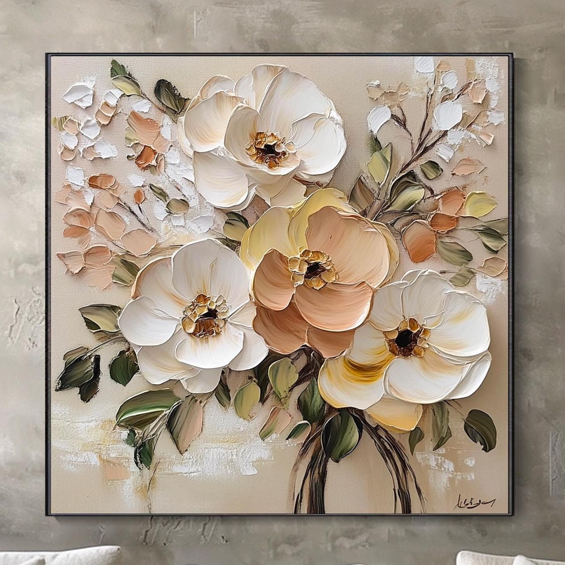 Cream Peony Blossom Bouquet Beige Textured Floral Elegant Wall Art