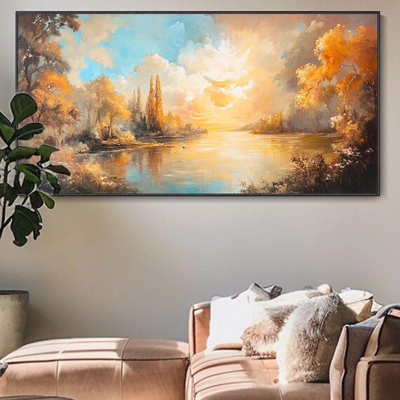 Orange Forest Oil Painting On 3d Textured Wall Art Lake Scene Wall Art Unique Statement Living Room Wall Art Boho Modern