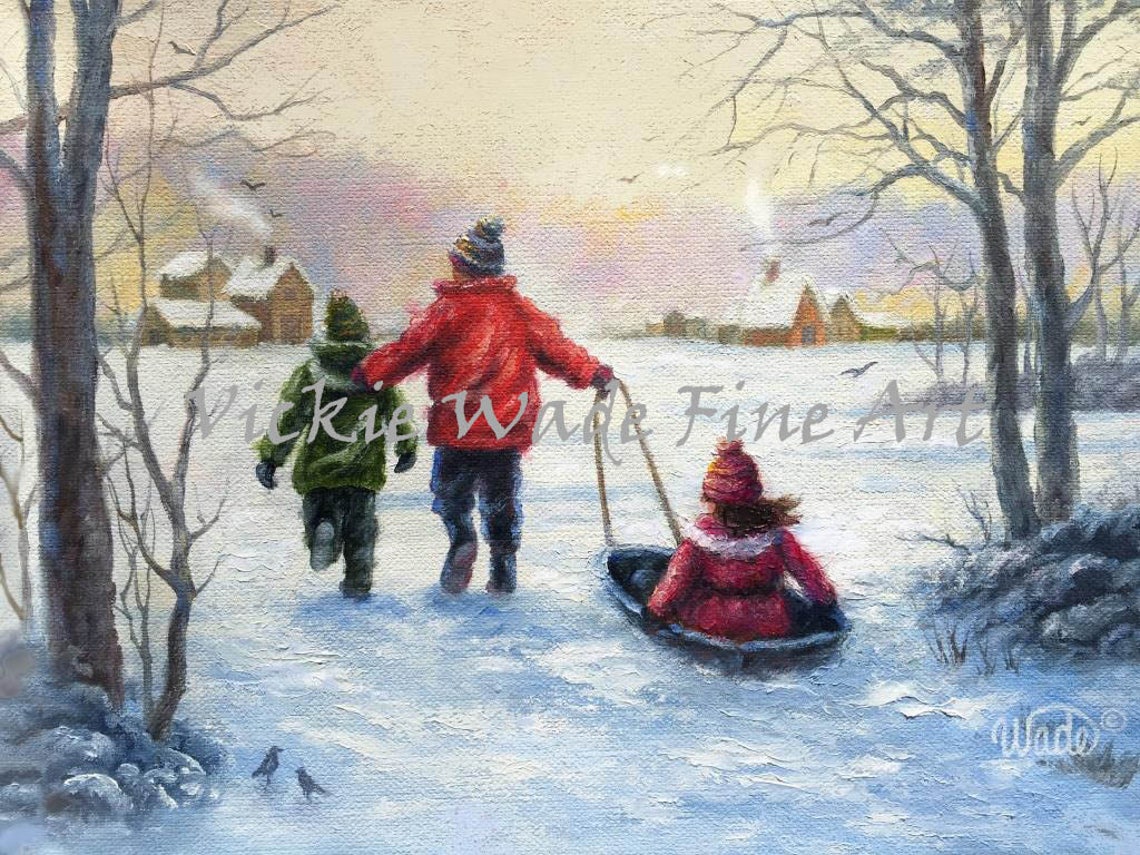 Three Children Sledding Through a Snowy Winter Village Poster