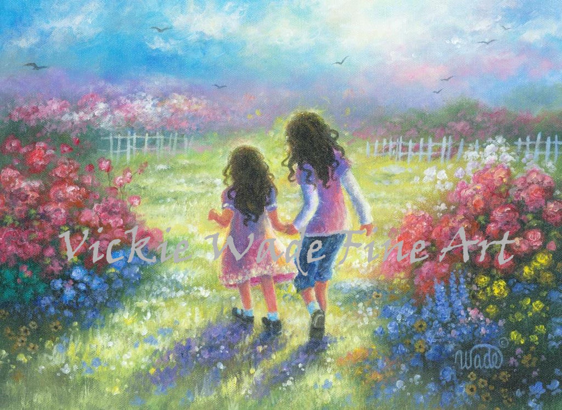 Two Sisters Art Print Two Girls Holding Hands Girls Room Wall Art Two Brunette Girls Childrens Wall Art Flower Garden Vickie Wade Art