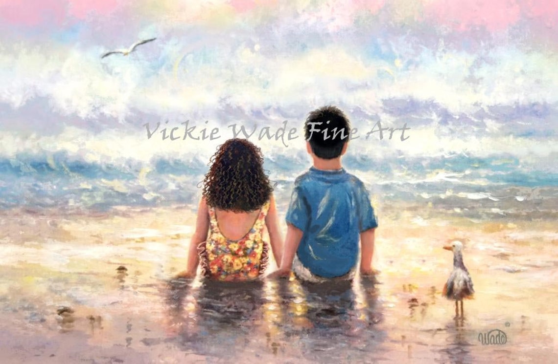Brother and Sister Sitting on the Beach Watching Sunset Waves Poster