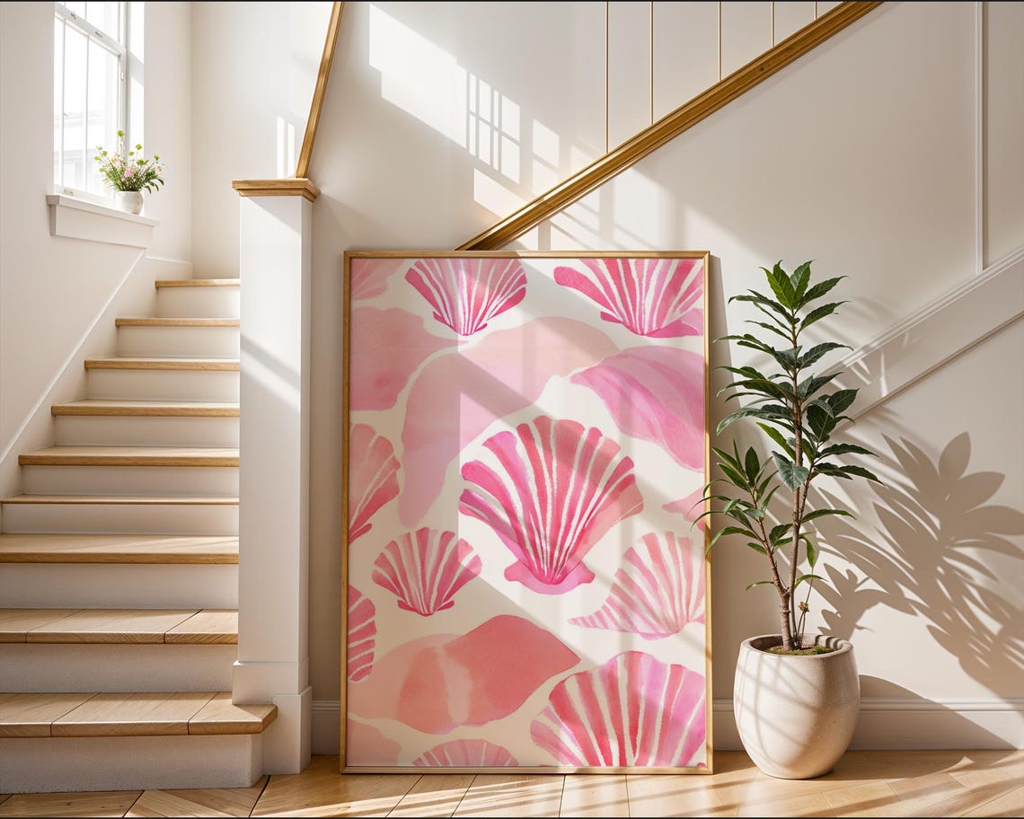 Pink Seashell Pattern Poster Coastal Watercolor Beach House Decor - Image 2