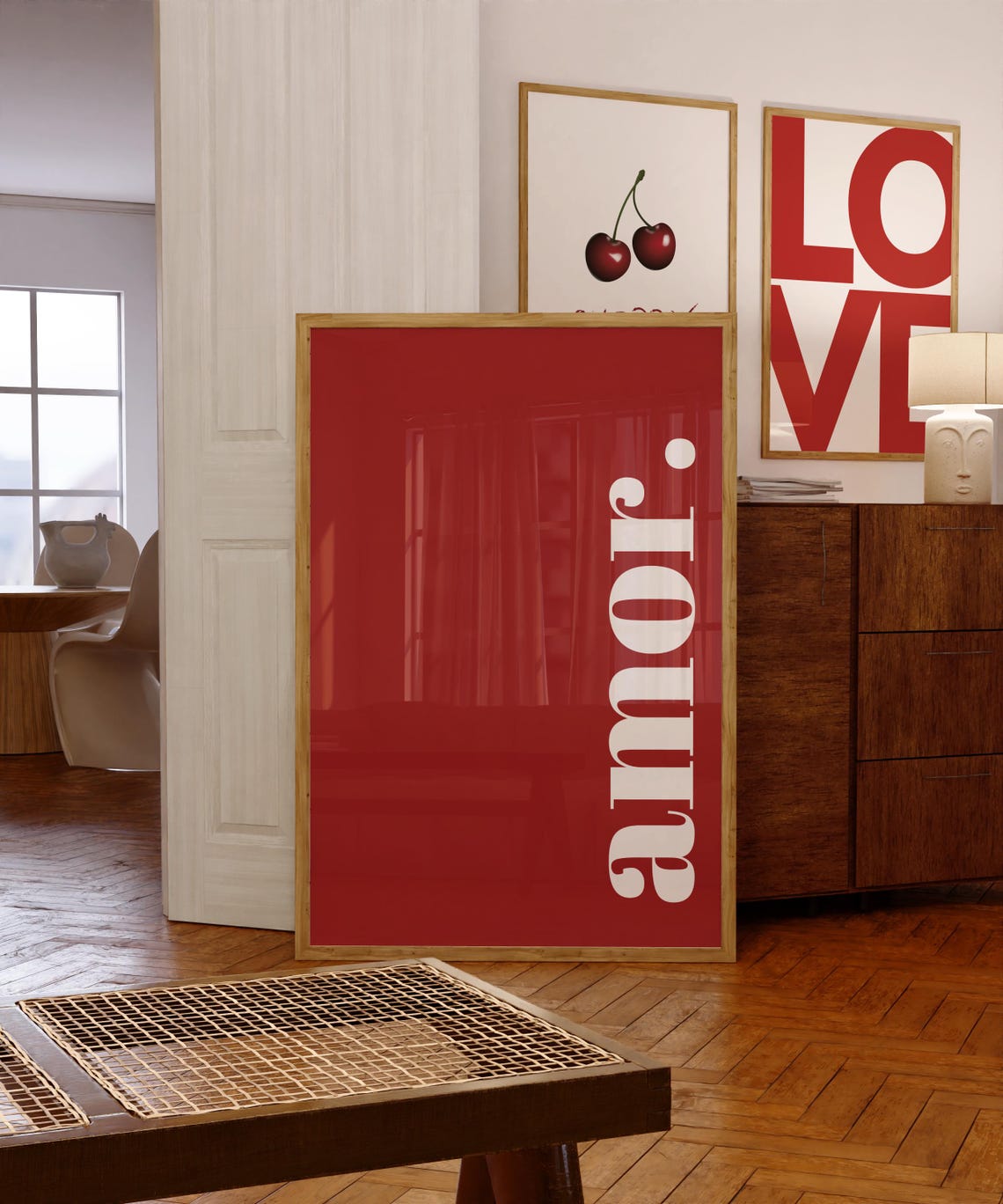 Amor Minimalist Red Poster with White Vertical Typography Decor - Image 3