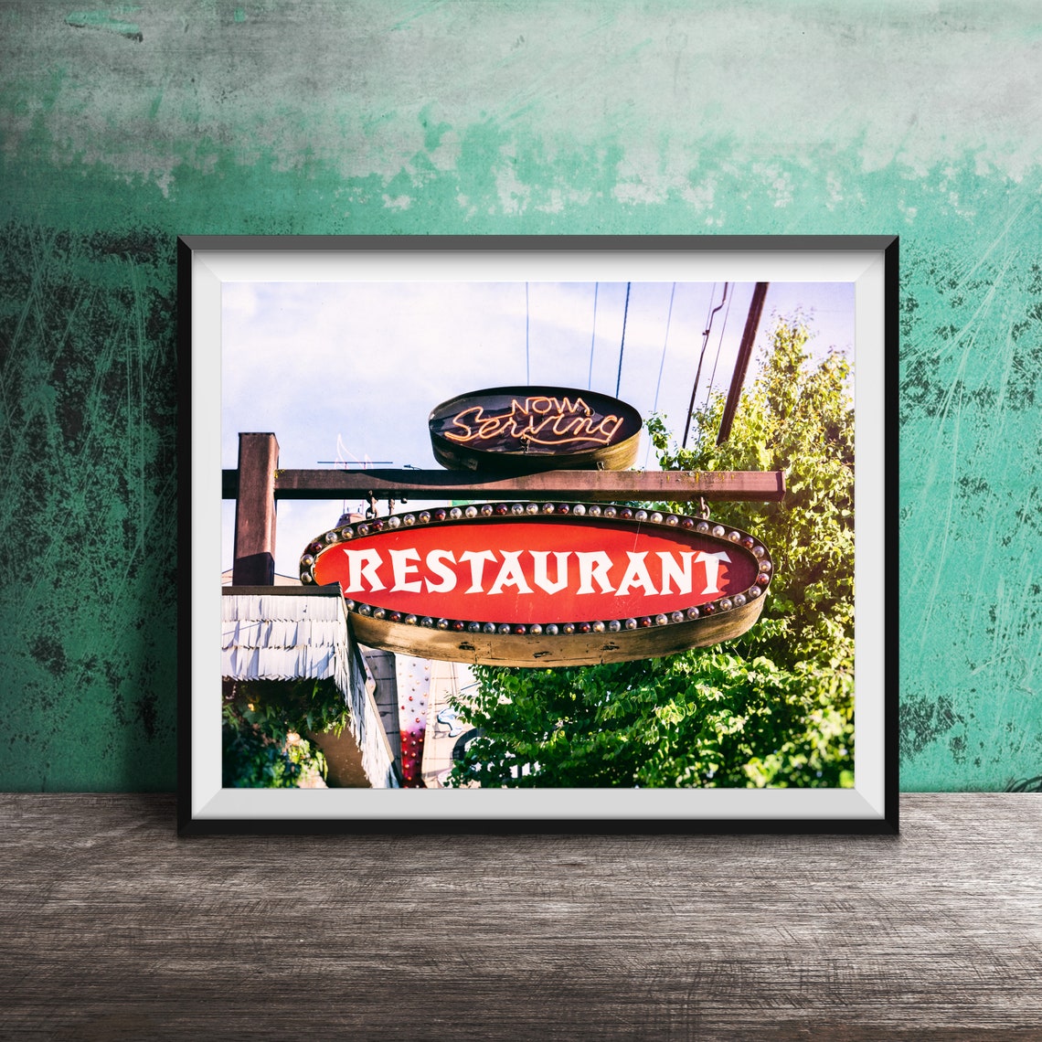 Now Serving Restaurant Red Oval Neon Sign Photography Poster