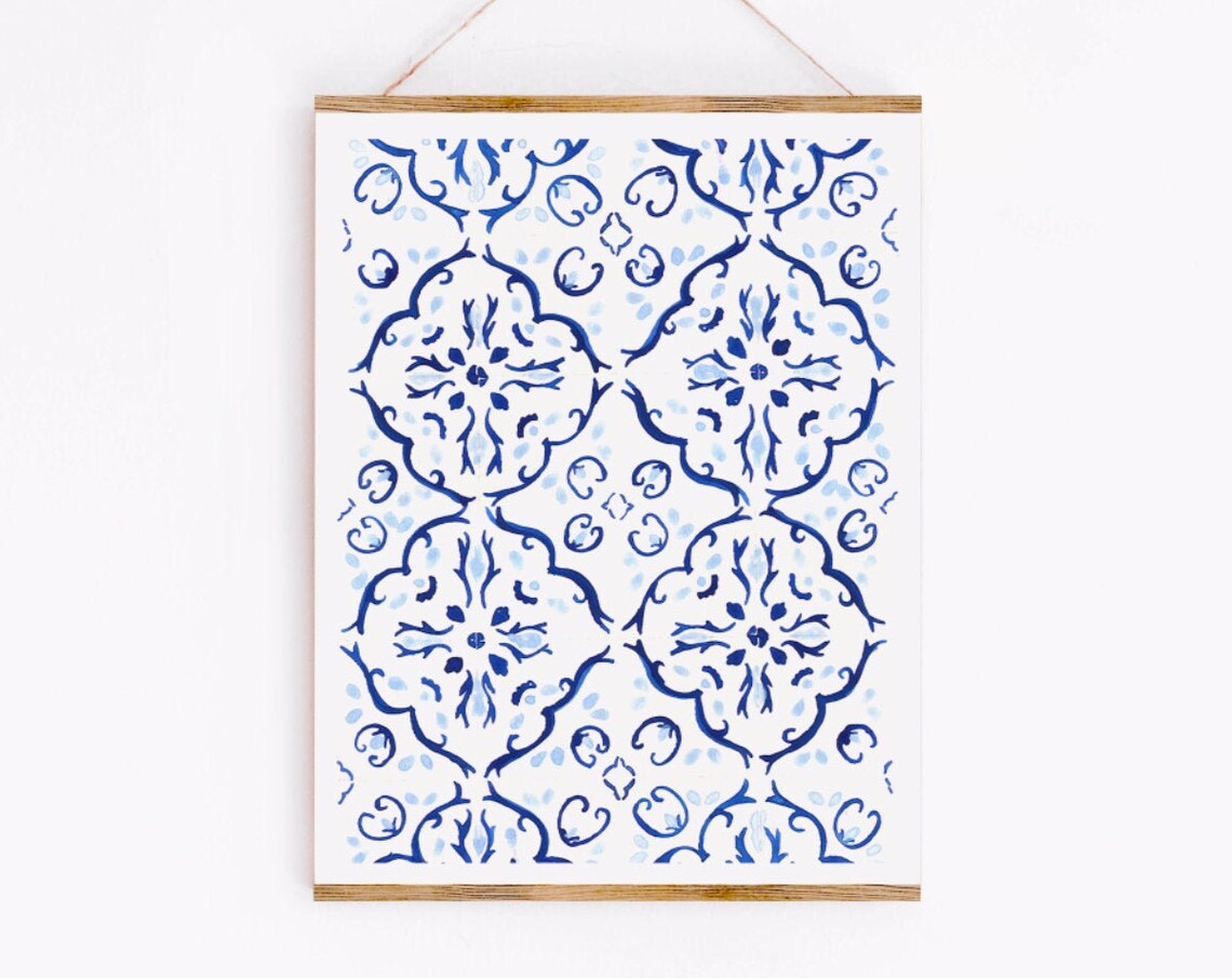 Portuguese Tiles Art Print, Blue Watercolor Pattern