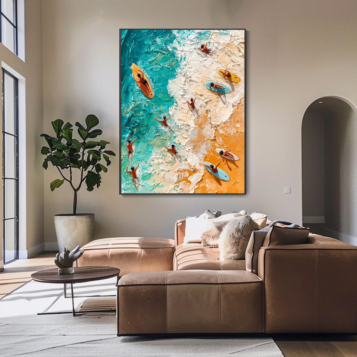Aerial Surfers Riding Turquoise Waves Golden Sand Impasto Wall Art - Image 4