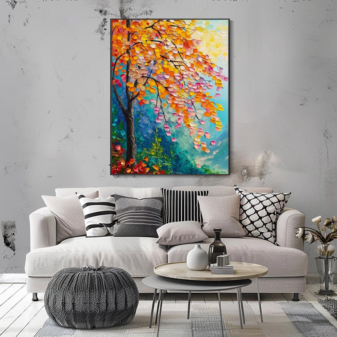 Autumn Tree Orange Pink Leaves Teal Background Textured Art Poster - Image 3