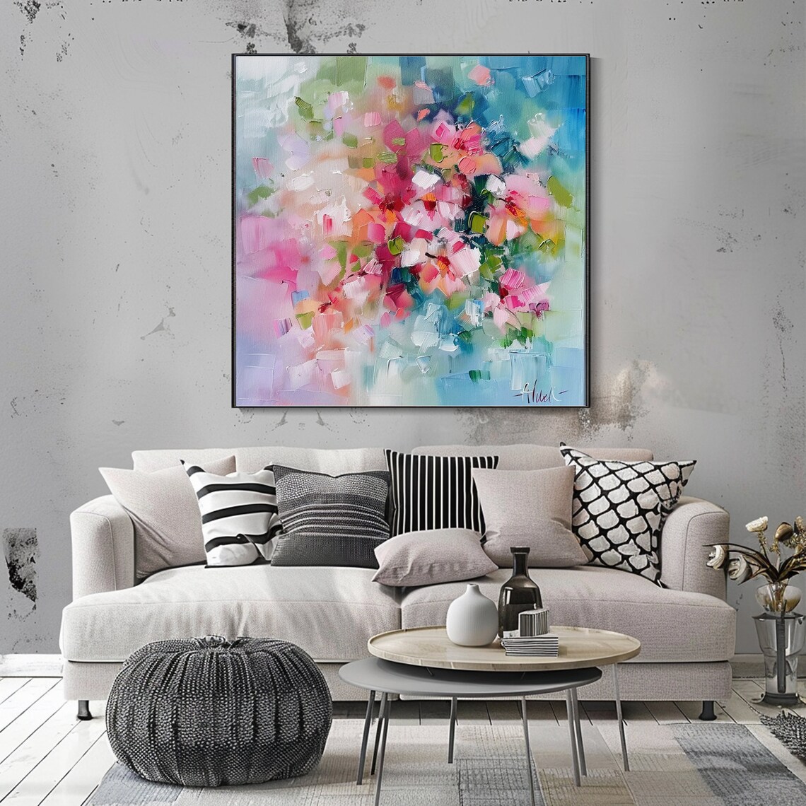 Pink Peony Blossom Abstract Blue Floral Oil Painting Art Poster - Image 3