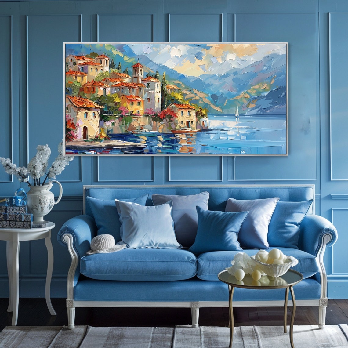 Italian Lakeside Village Red Roofs Harbor Sailboat Art Poster - Image 3