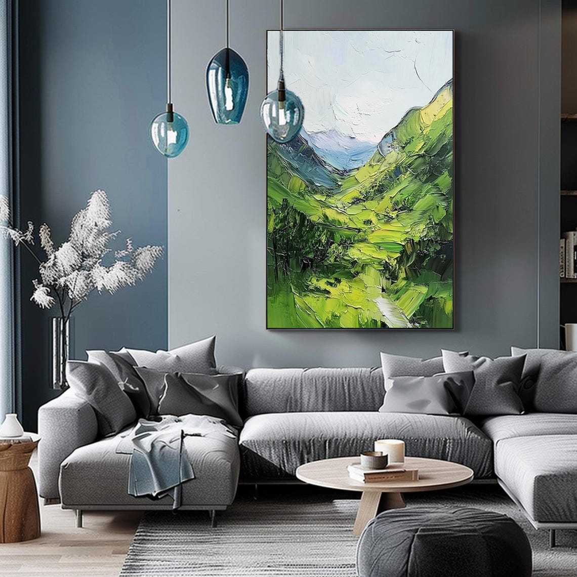 Green Rolling Hills Mountain Valley Bright Spring Landscape Oil Poster - Image 4