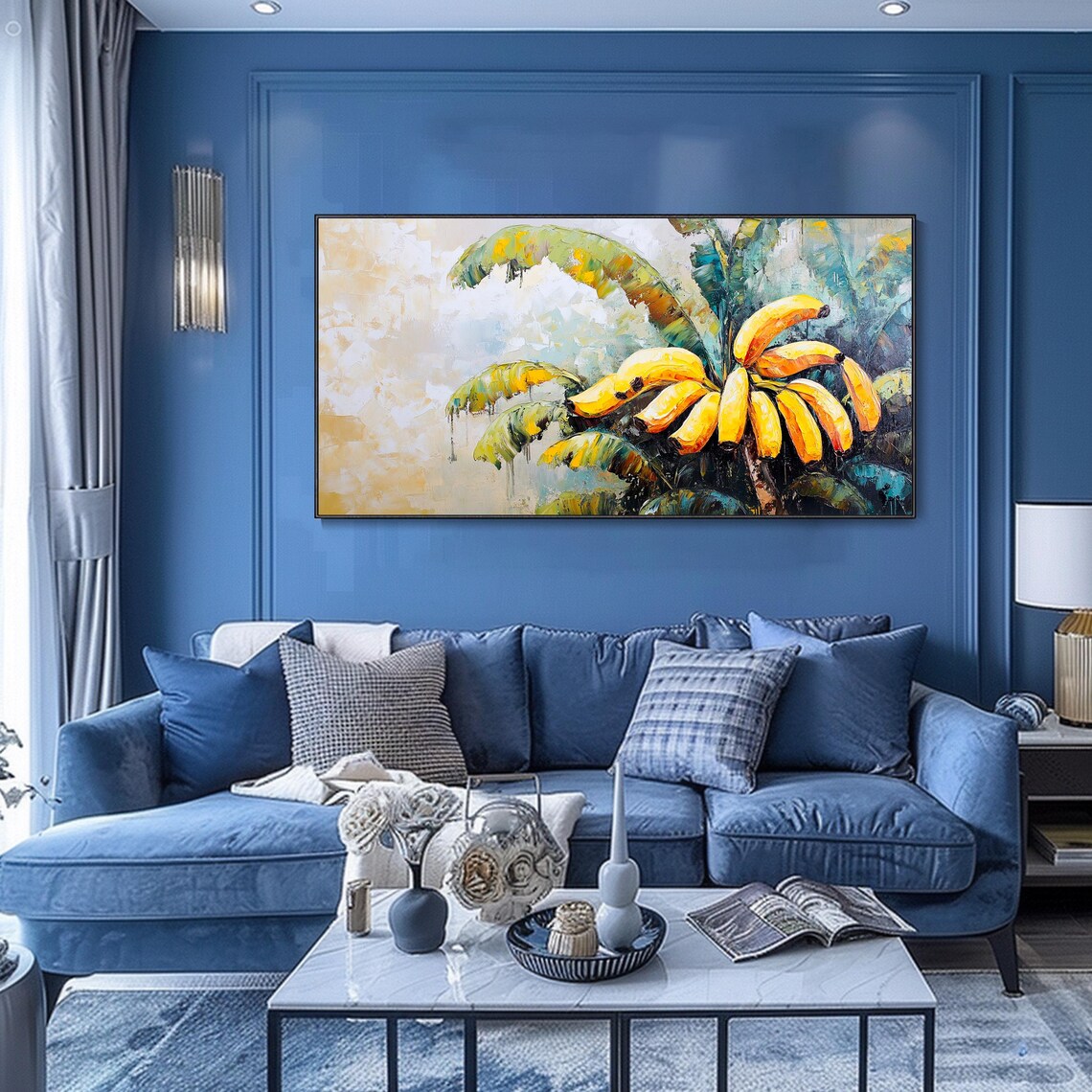 Abstract Yellow Banana Oil Painting On Green Yellow Wall Art Large Wall Art Hand Fruit Art Modern Home Decor Living Room Art - Image 2
