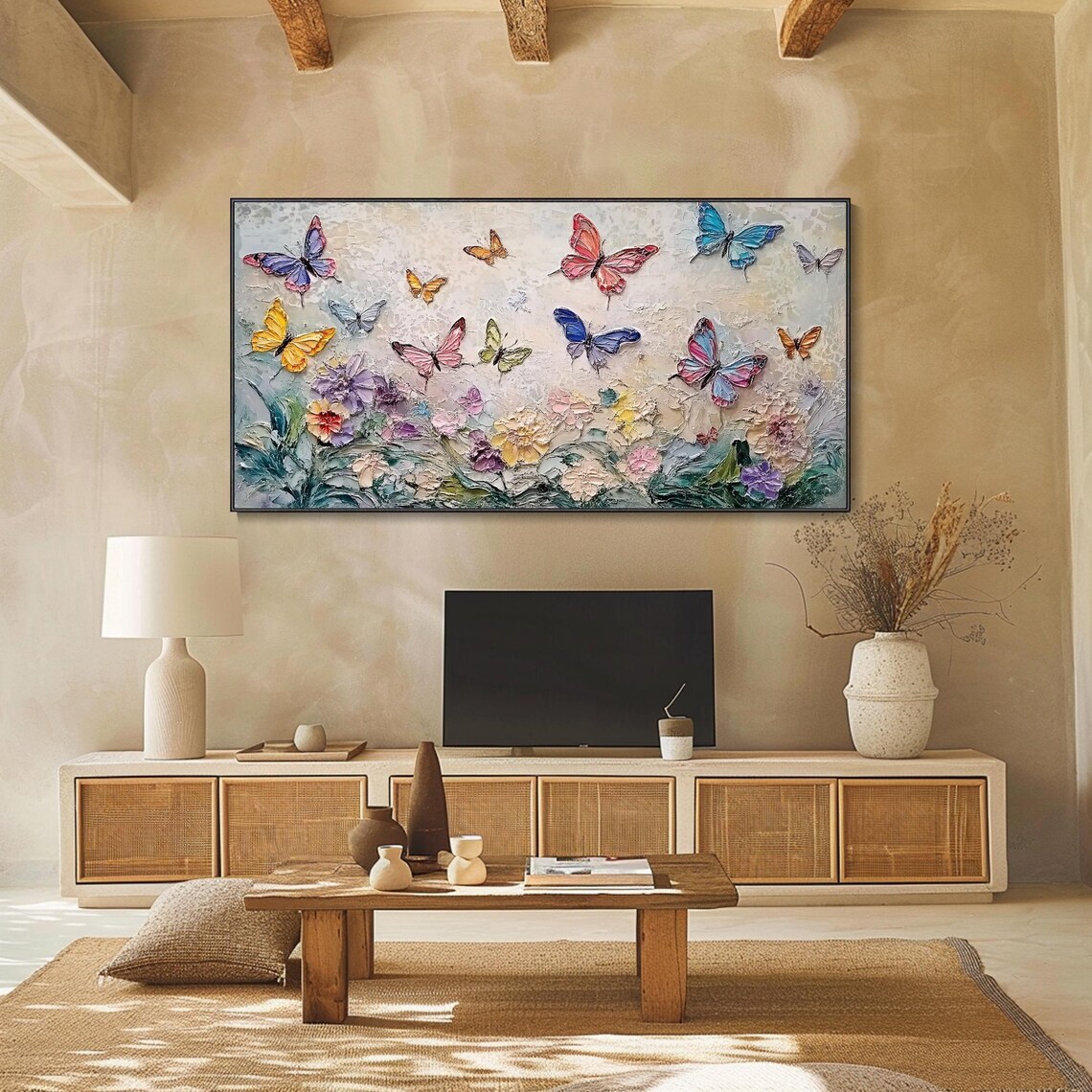Colorful Butterflies Flying Over Pastel Floral Garden Impasto Wall Art - Image 2