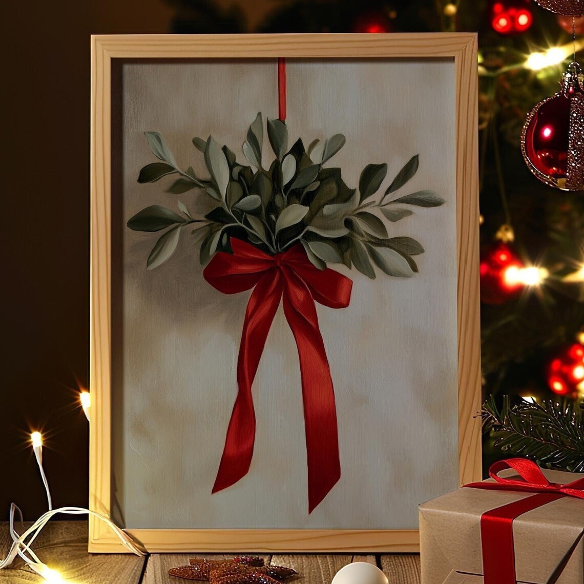 Vintage Mistletoe Red Ribbon Bow Winter Farmhouse Holiday Poster