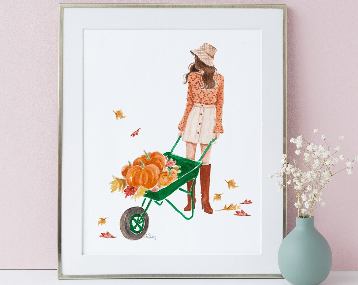 Pumpkin Fashion Illustration, Fall Watercolor Illustration