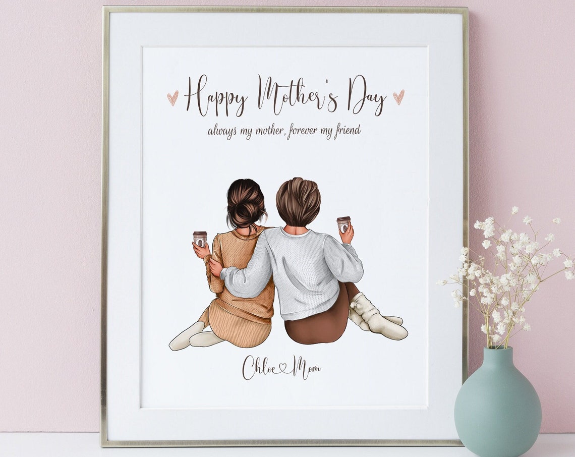 Personalized Mother's Day Print Chloe And Mom With Coffee Cups