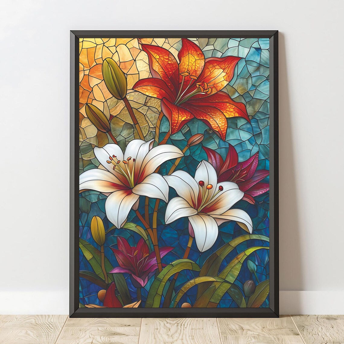 Stained Glass Lilies Botanical Art Print - Image 2