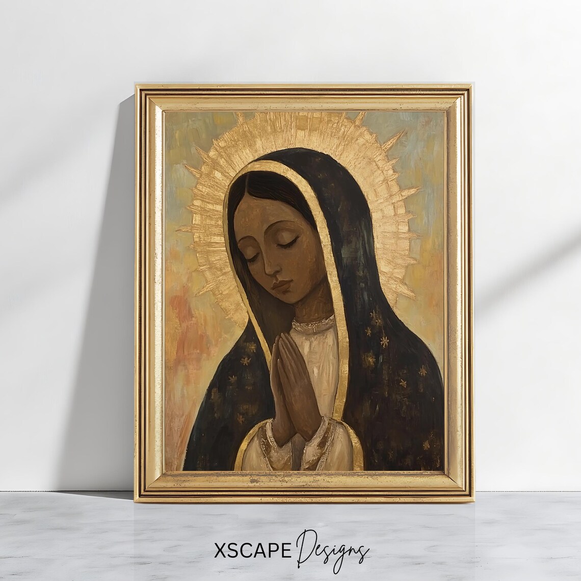 Our Lady of Guadalupe Dark Mantle Gold Halo Praying Catholic Wall Art