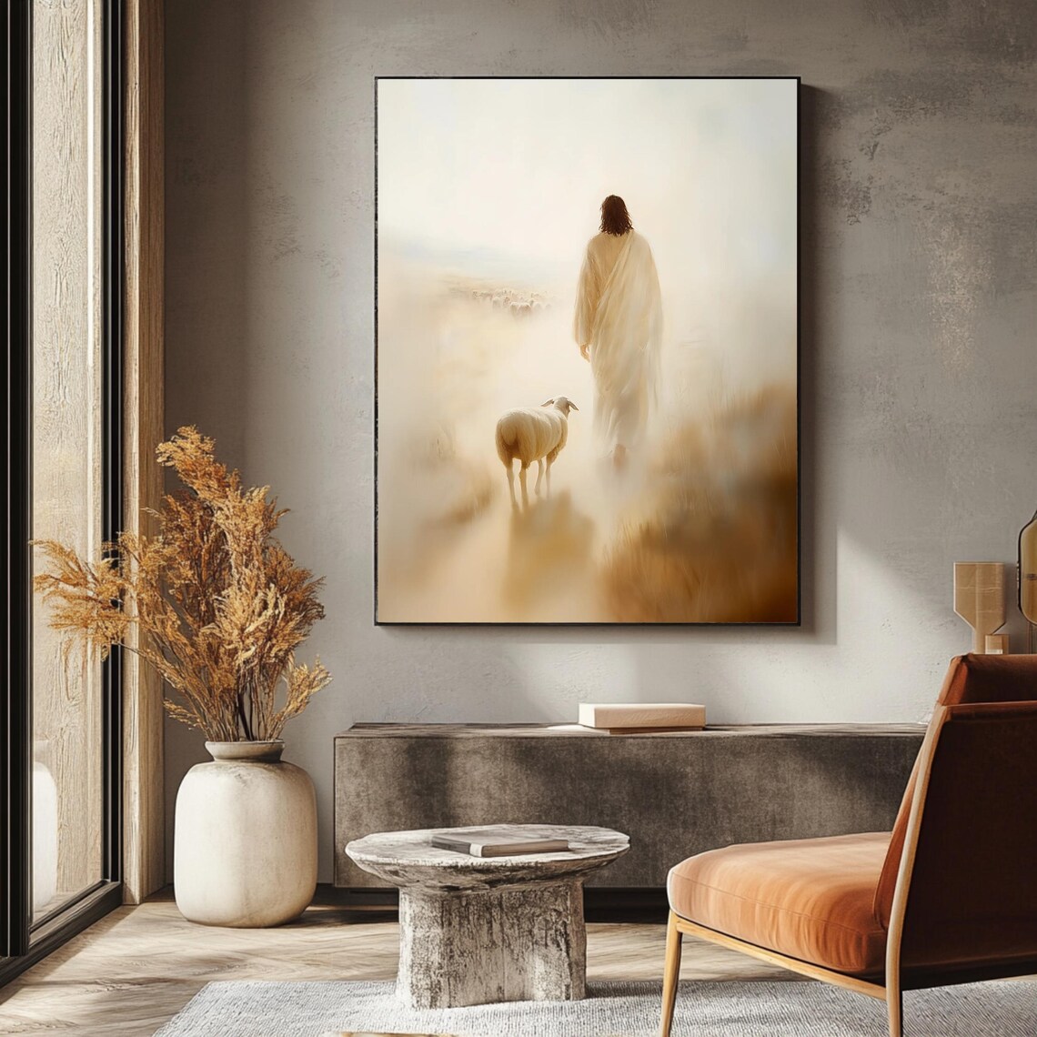 Jesus the Good Shepherd With Sheep Golden Mist Christian Faith Wall Art - Image 3