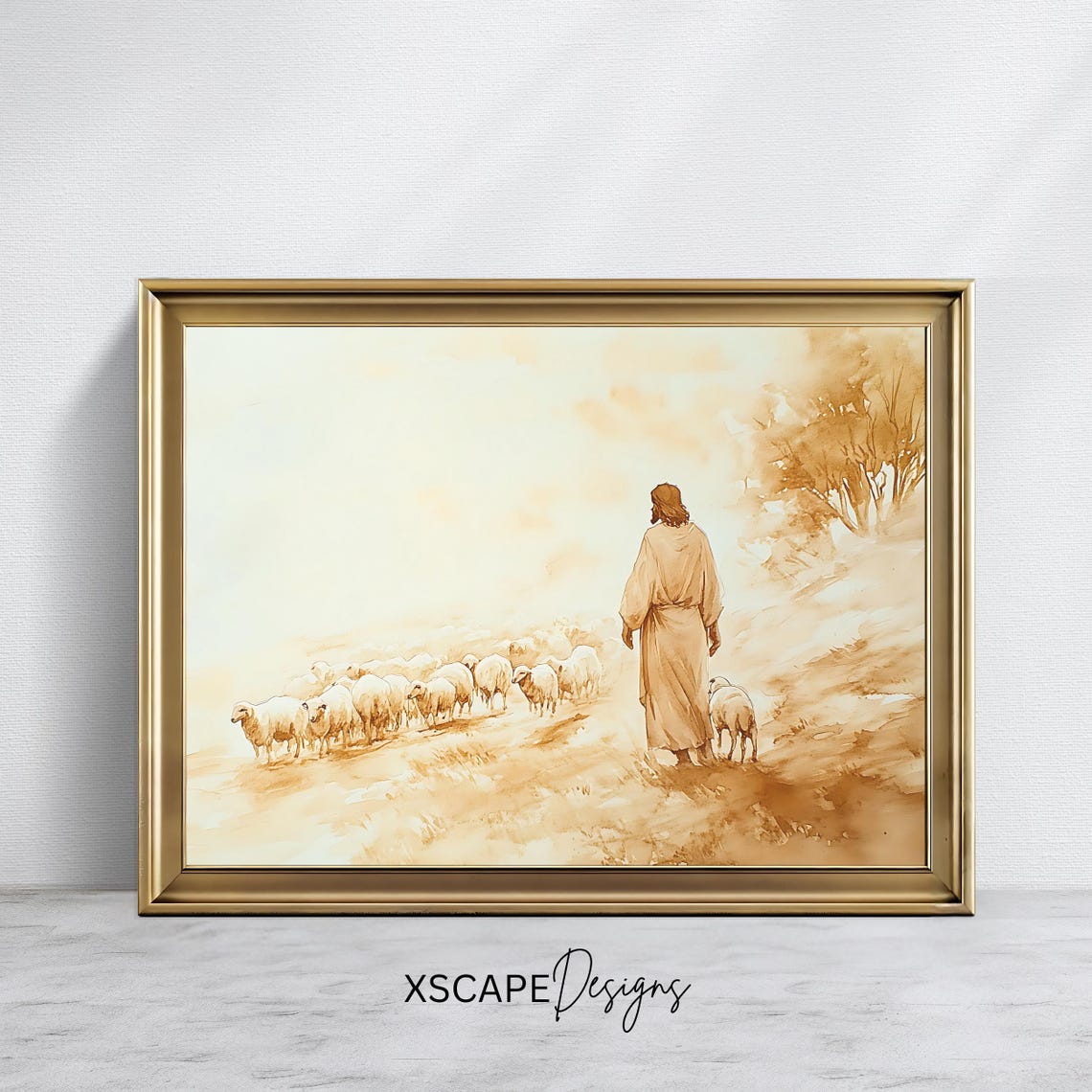 Jesus Good Shepherd Sheep Watercolor Sepia Faith Religious Art Poster