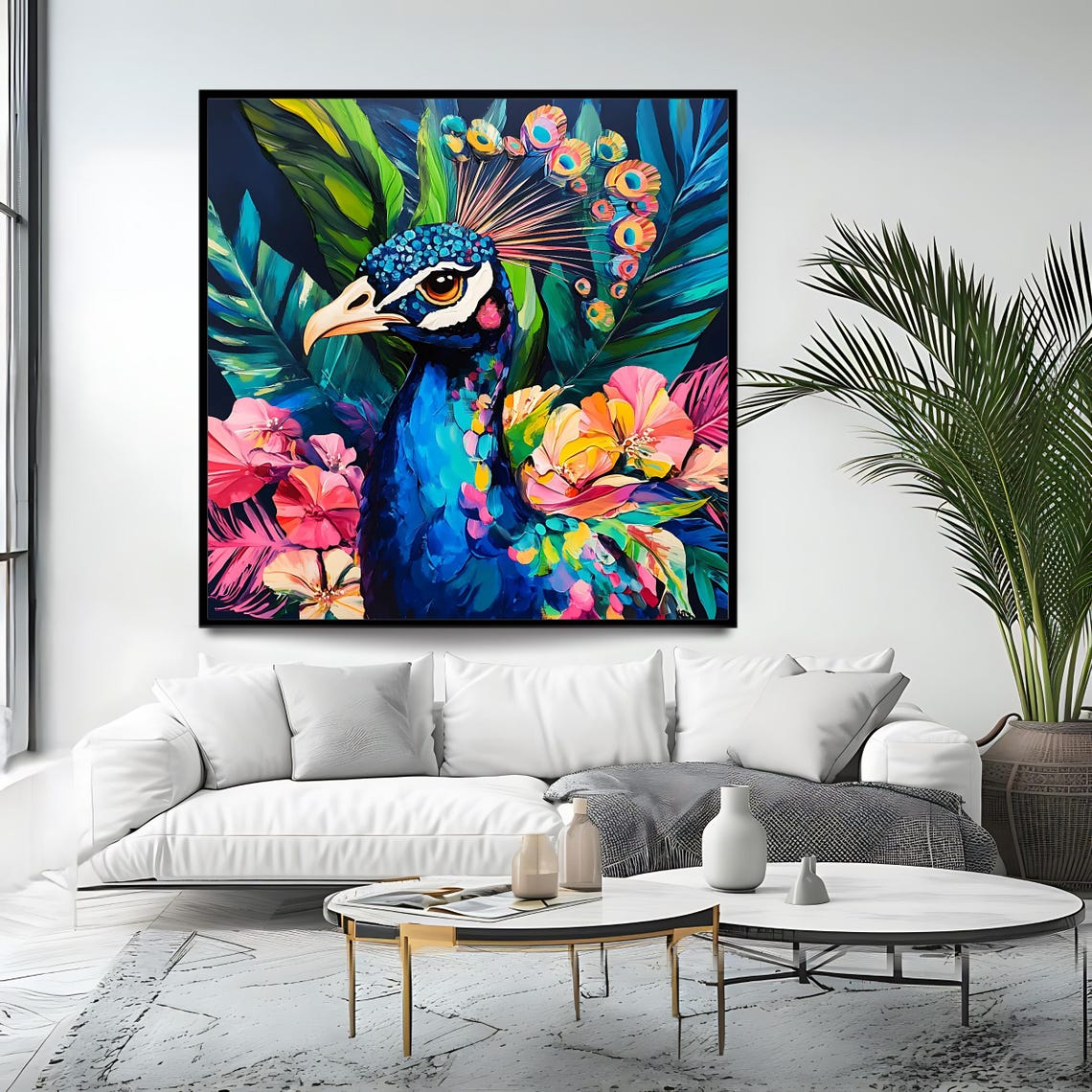 Peacock Portrait Tropical Flowers Vibrant Blue Bird Wildlife Art Print - Image 4
