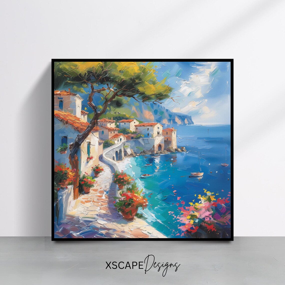 Mediterranean Coastal Village Pine Tree Turquoise Sea Painting Poster