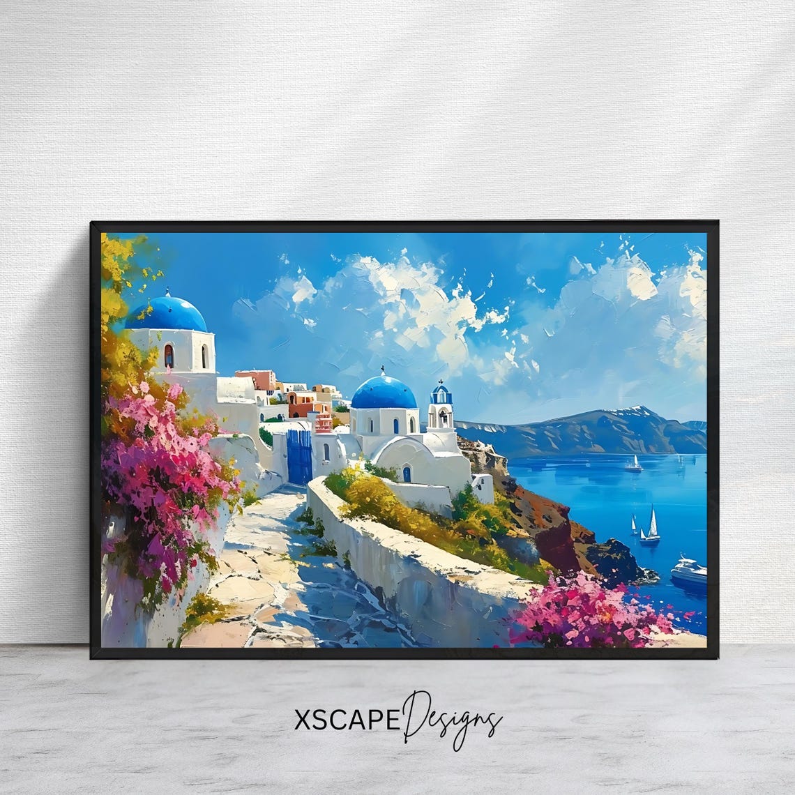 Santorini Blue Domes Bougainvillea Caldera Greek Island View Poster