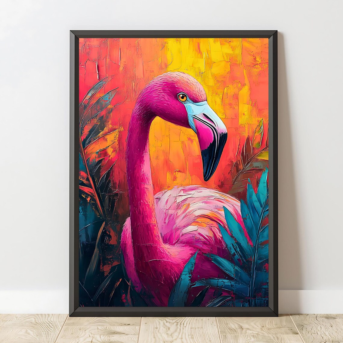Pink Flamingo Portrait Tropical Orange Sunset Bold Wildlife Art Print - Image 2