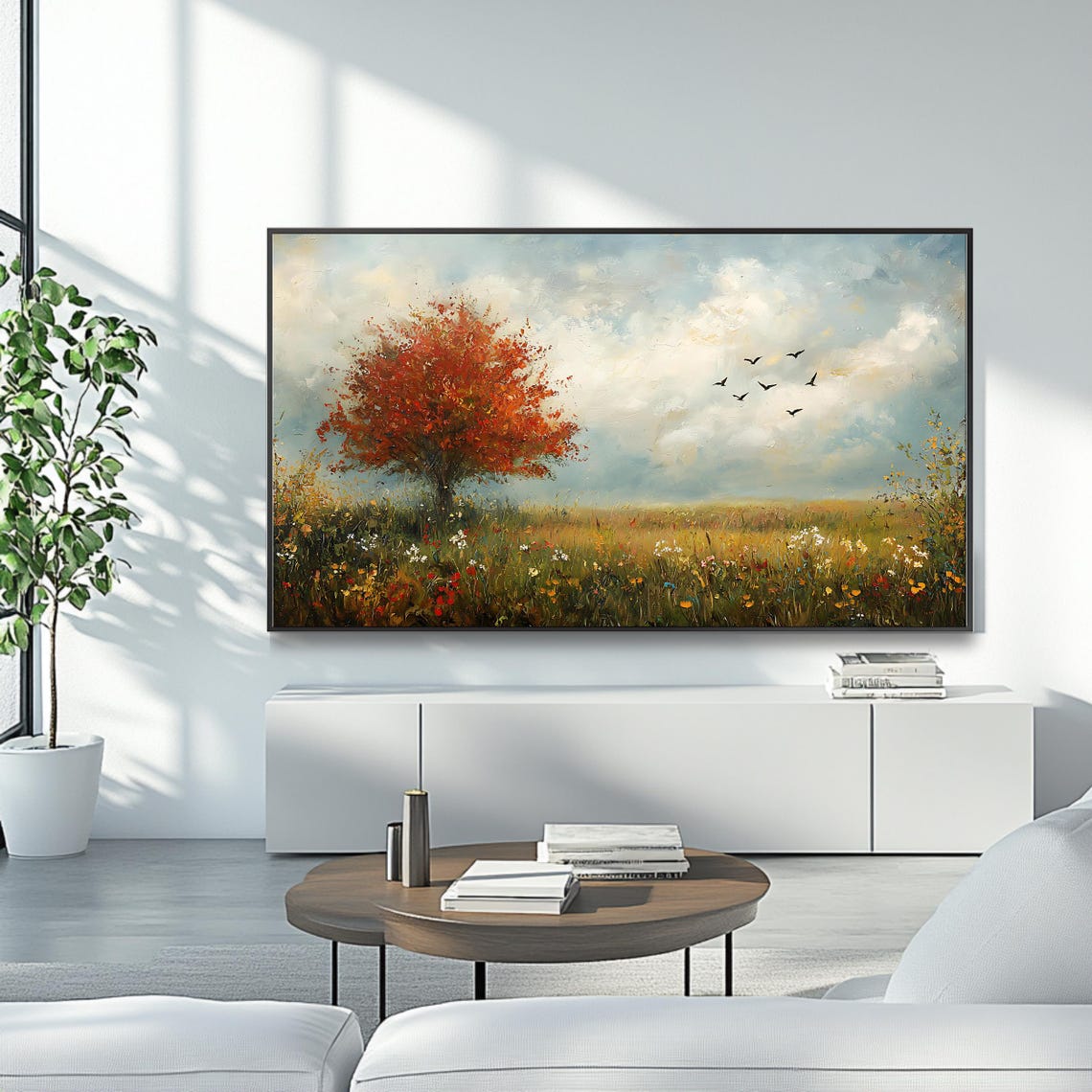 Red Autumn Tree Wildflower Meadow Birds Flying Fall Frame TV Poster - Image 4