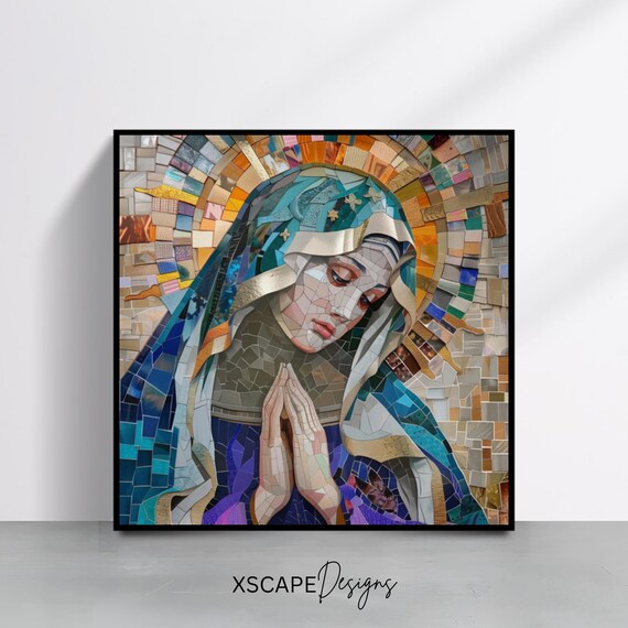Praying Virgin Mary Colorful Mosaic Halo Catholic Religious Art Print