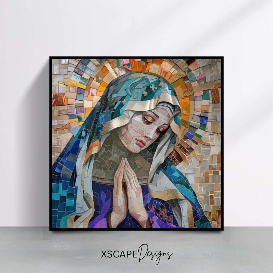 Praying Virgin Mary Colorful Mosaic Halo Catholic Religious Art Print