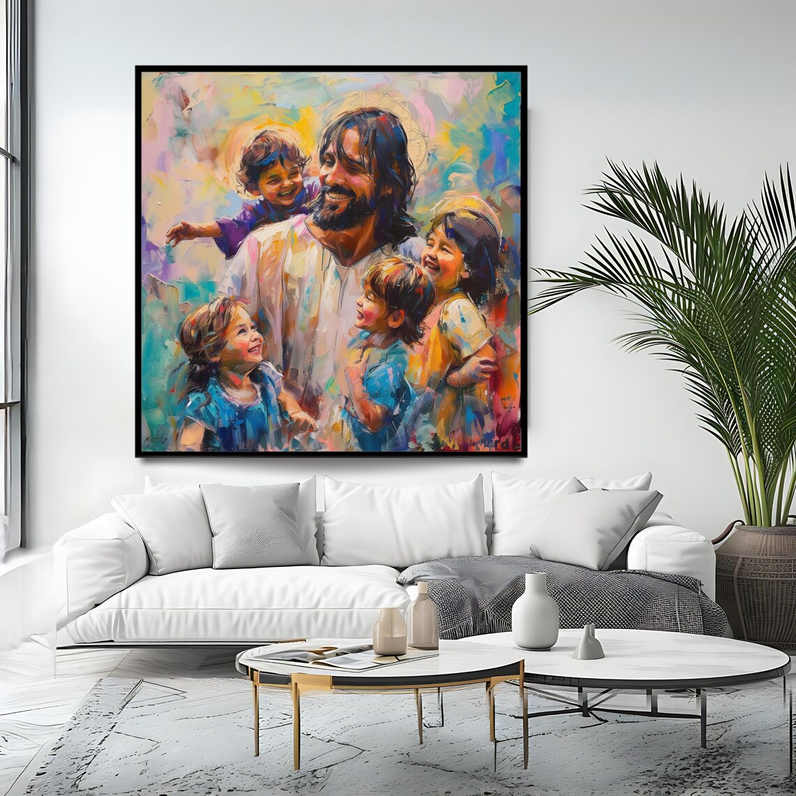Jesus With Children Joyful Embrace Colorful Religious Painting Inspirational Poster - Image 4