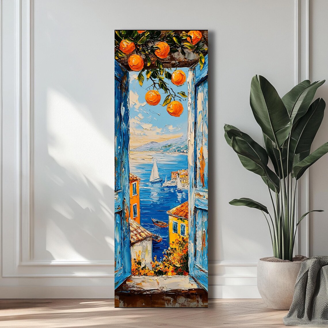 Mediterranean Window Orange Branch Coastal Village Sailboat Poster - Image 3