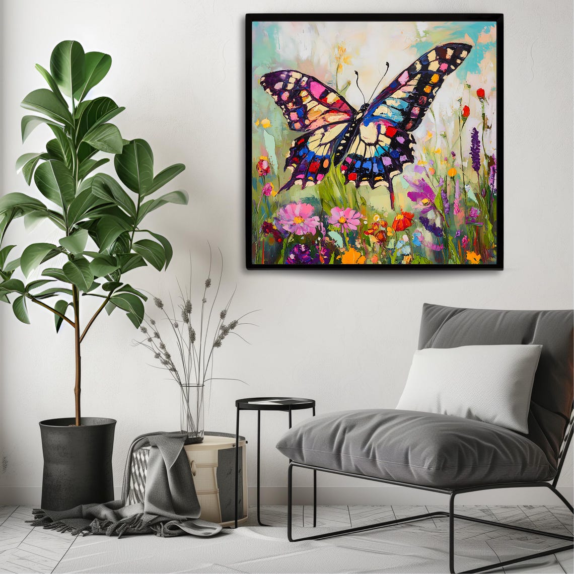 Vibrant Butterfly Art Print Colorful Floral Wall Decor Modern Square Artwork - Image 3