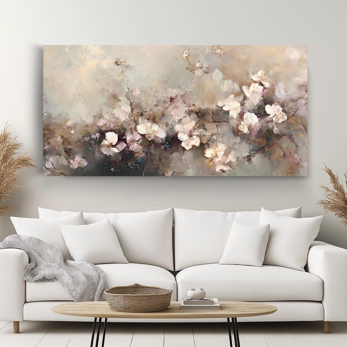 Neutral Cherry Blossom Branches Soft Beige Floral Painting Wall Art - Image 2