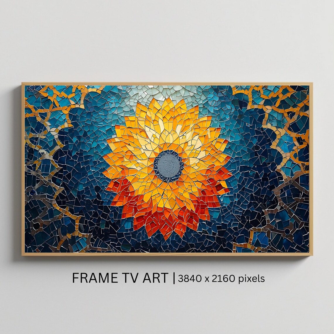 Golden Sunflower Mosaic Mandala Frame TV Art Blue Gold Abstract Poster