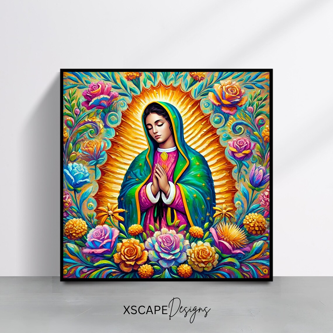 Our Lady Of Guadalupe Colorful Praying Madonna Floral Halo Print