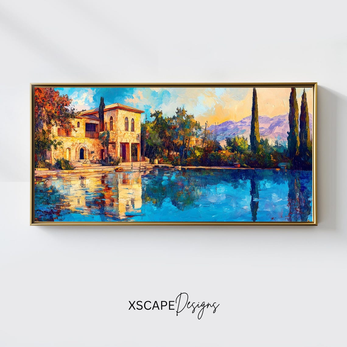 Mediterranean Villa Water Reflection Cypress Panoramic Travel Poster