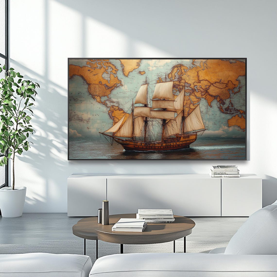 Vintage Tall Ship Sailing World Map Nautical Adventure Wall Art Poster - Image 4