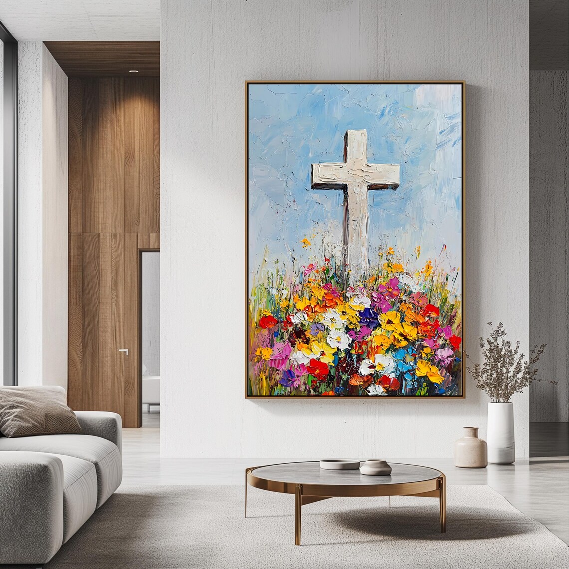 White Cross Wildflower Field Inspirational Christian Oil Painting Art Poster - Image 3